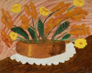 Flowers in Copper Vase on Doily